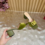 VALENTINO 25S HIGH-HEEL MULES 60 MM IN MOSS GREEN VELVET AND CALFSKIN WITH GOLD HARDWARE