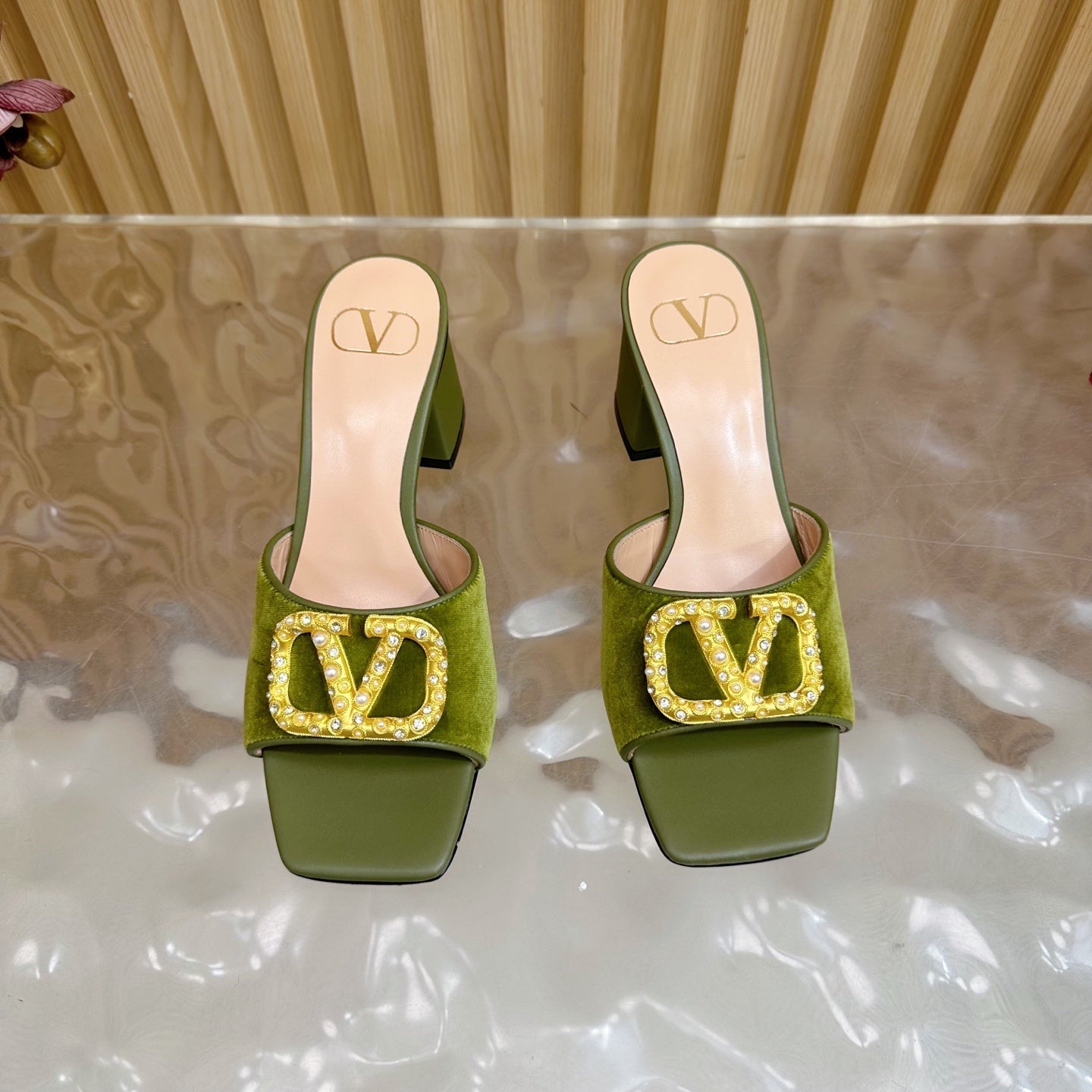 VALENTINO 25S HIGH-HEEL MULES 60 MM IN MOSS GREEN VELVET AND CALFSKIN WITH GOLD HARDWARE