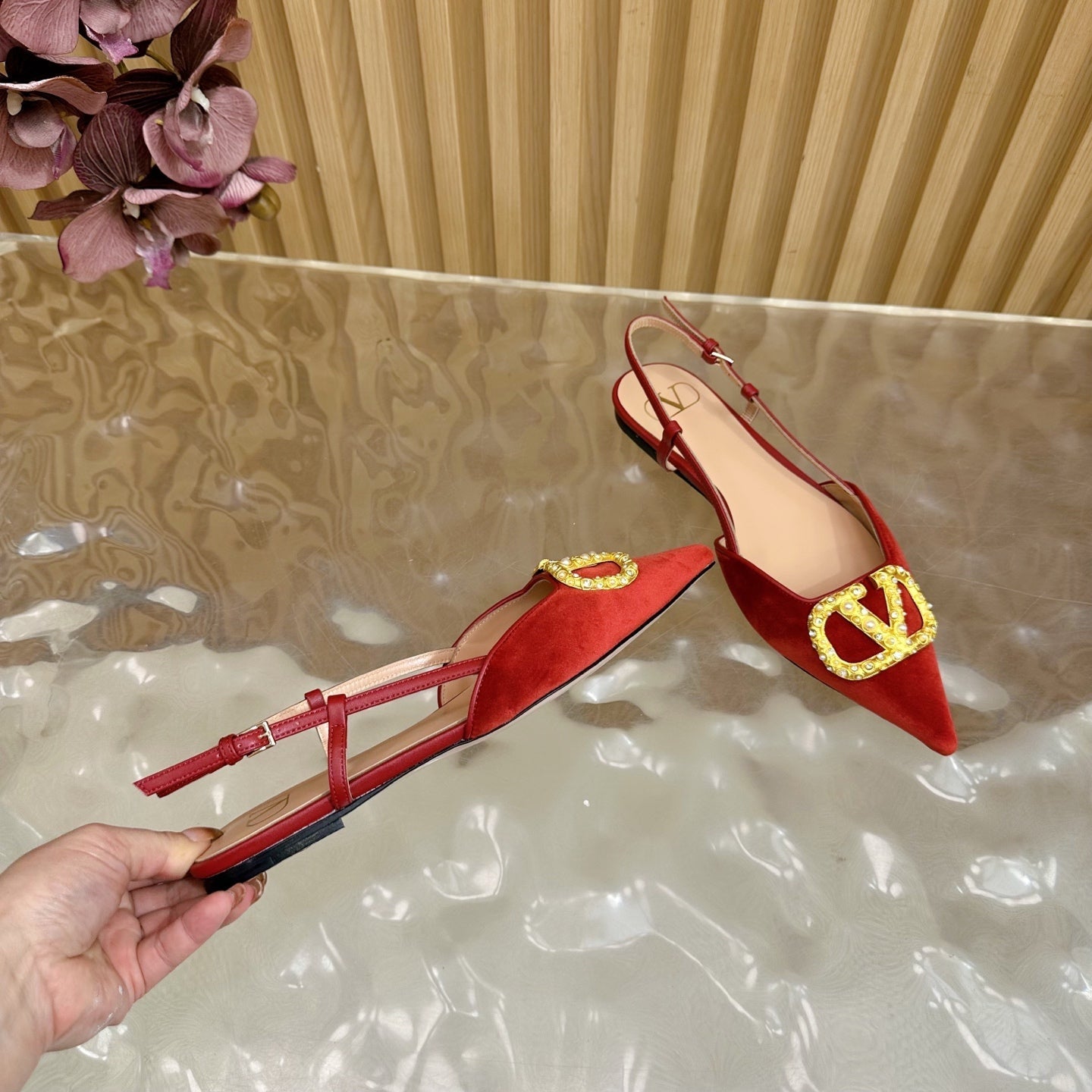 VALENTINO 25S FLAT SLINGBACKS IN RED VELVET WITH GOLD HARDWARE