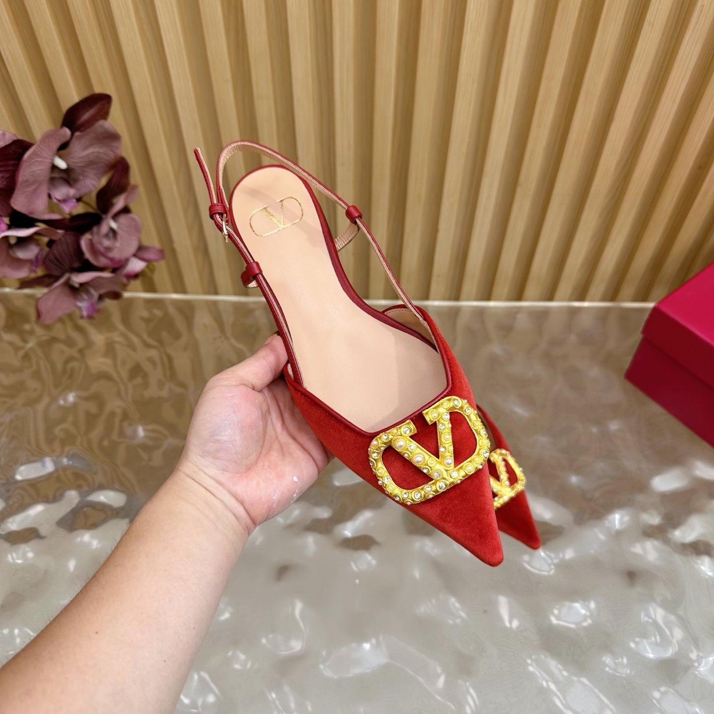 VALENTINO 25S FLAT SLINGBACKS IN RED VELVET WITH GOLD HARDWARE