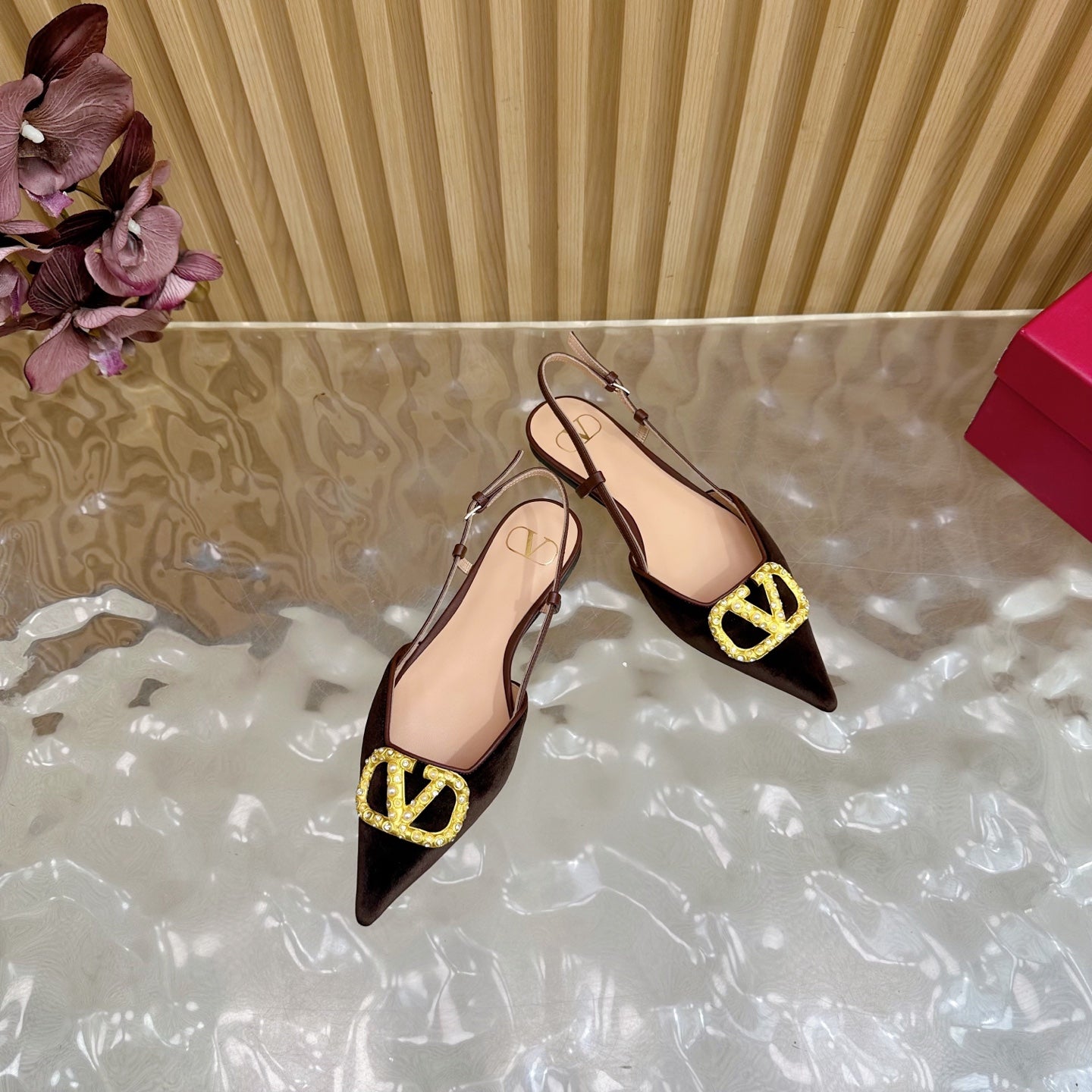 VALENTINO 25S FLAT SLINGBACKS IN DARK BROWN VELVET WITH GOLD HARDWARE