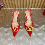 VALENTINO 25S HIGH-HEEL SLINGBACKS IN RED VELVET WITH GOLD HARDWARE