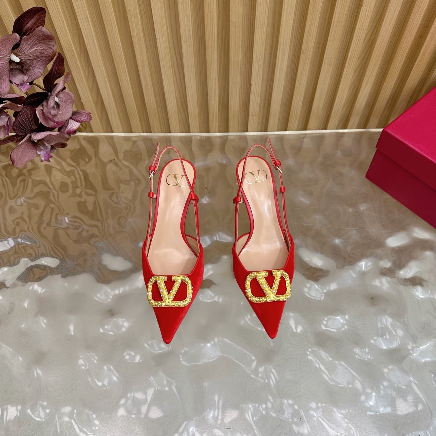 VALENTINO 25S HIGH-HEEL SLINGBACKS IN RED VELVET WITH GOLD HARDWARE