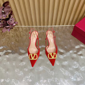 VALENTINO 25S HIGH-HEEL SLINGBACKS IN RED VELVET WITH GOLD HARDWARE