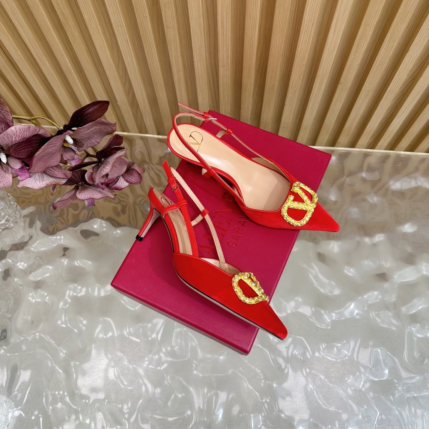 VALENTINO 25S HIGH-HEEL SLINGBACKS IN RED VELVET WITH GOLD HARDWARE
