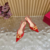 VALENTINO 25S HIGH-HEEL SLINGBACKS IN RED VELVET WITH GOLD HARDWARE