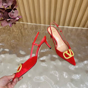 VALENTINO 25S HIGH-HEEL SLINGBACKS IN RED VELVET WITH GOLD HARDWARE