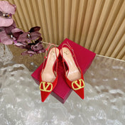 VALENTINO 25S HIGH-HEEL SLINGBACKS IN RED VELVET WITH GOLD HARDWARE