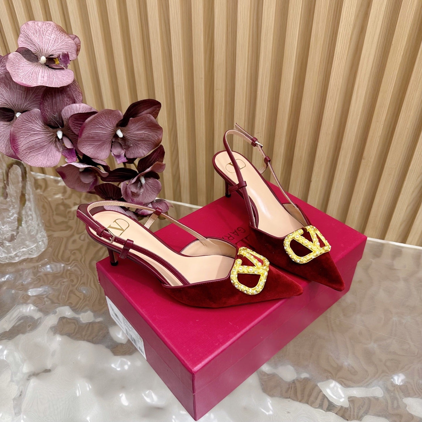 VALENTINO 25S HIGH-HEEL SLINGBACKS IN DARK RED VELVET WITH GOLD HARDWARE