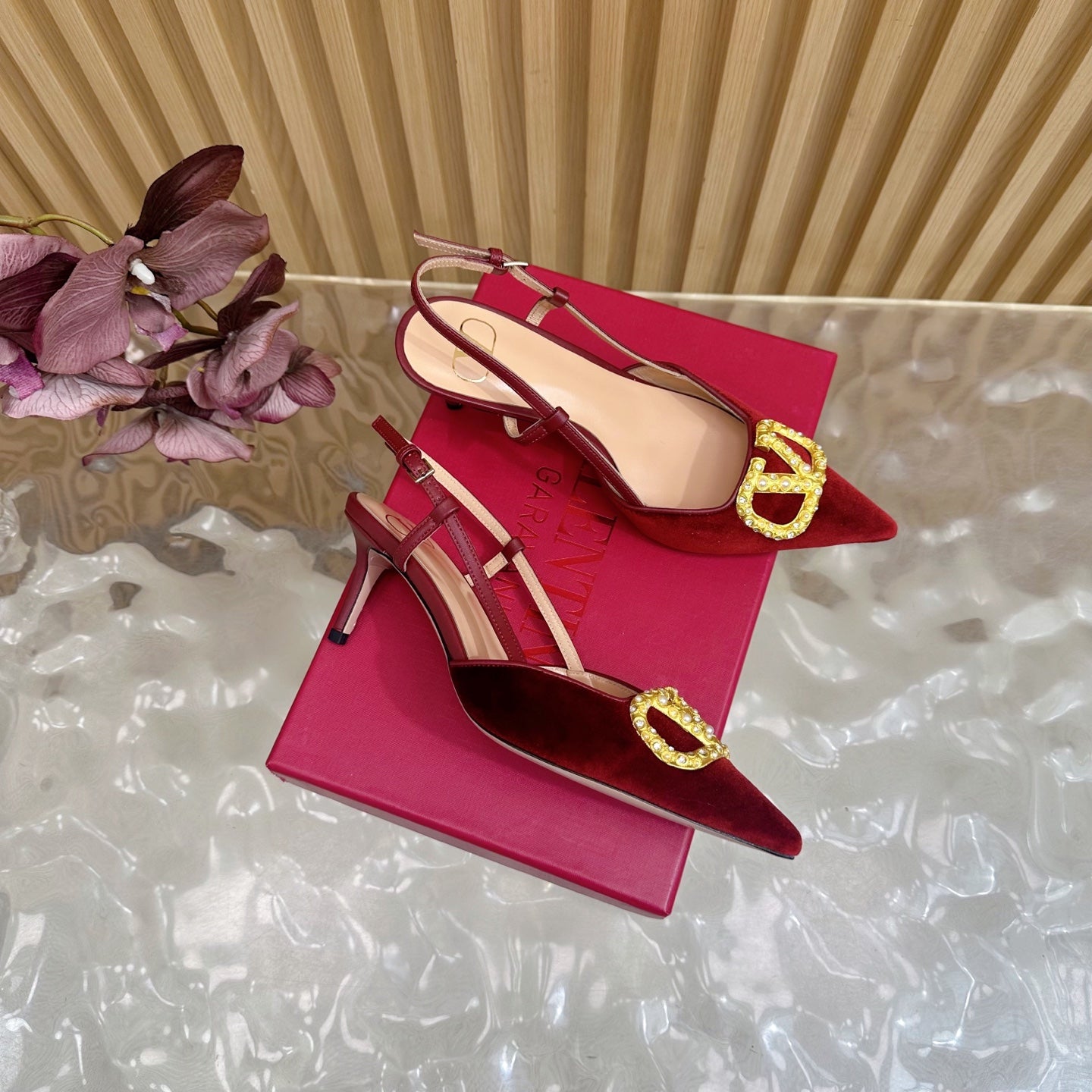 VALENTINO 25S HIGH-HEEL SLINGBACKS IN DARK RED VELVET WITH GOLD HARDWARE
