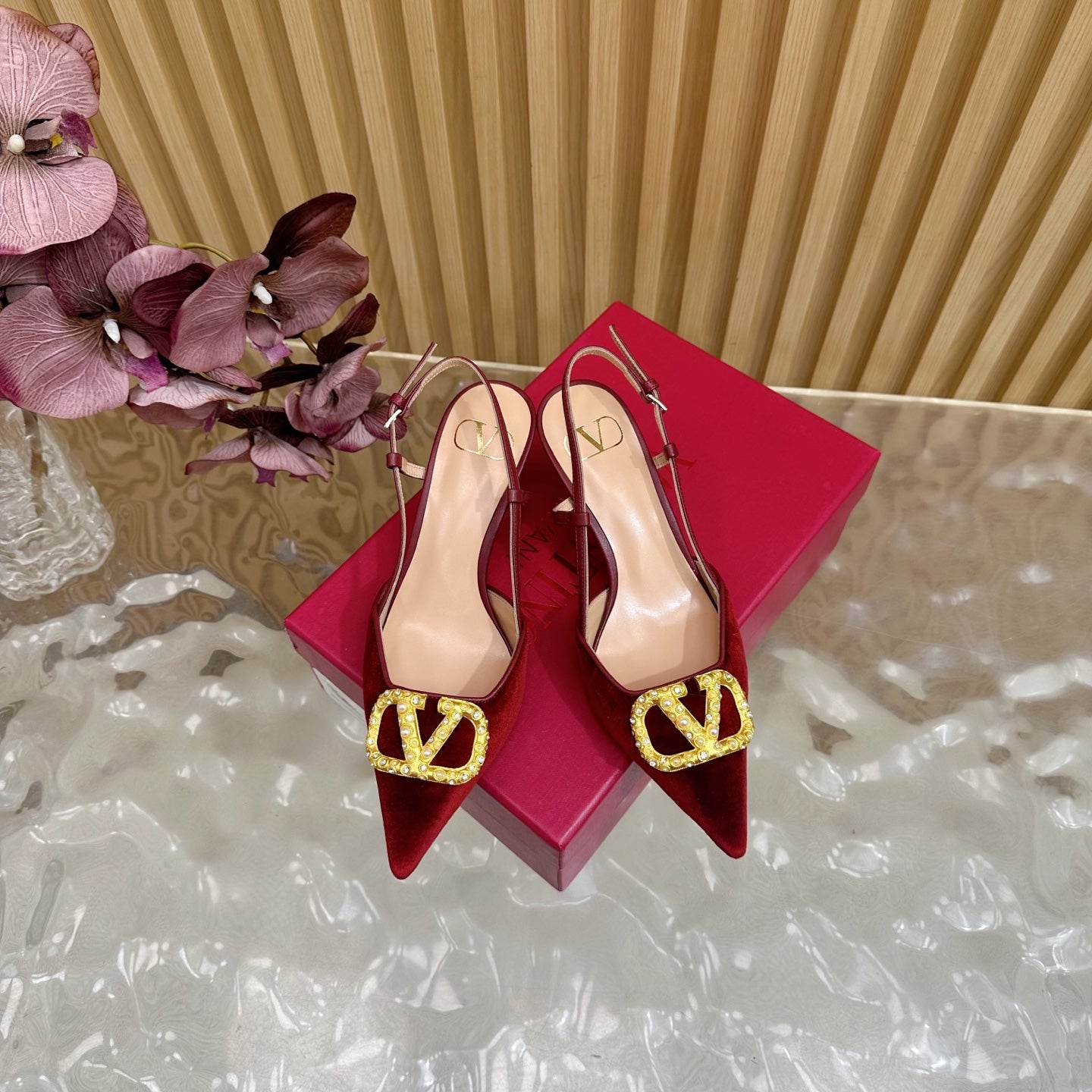 VALENTINO 25S HIGH-HEEL SLINGBACKS IN DARK RED VELVET WITH GOLD HARDWARE