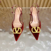 VALENTINO 25S HIGH-HEEL SLINGBACKS IN DARK RED VELVET WITH GOLD HARDWARE