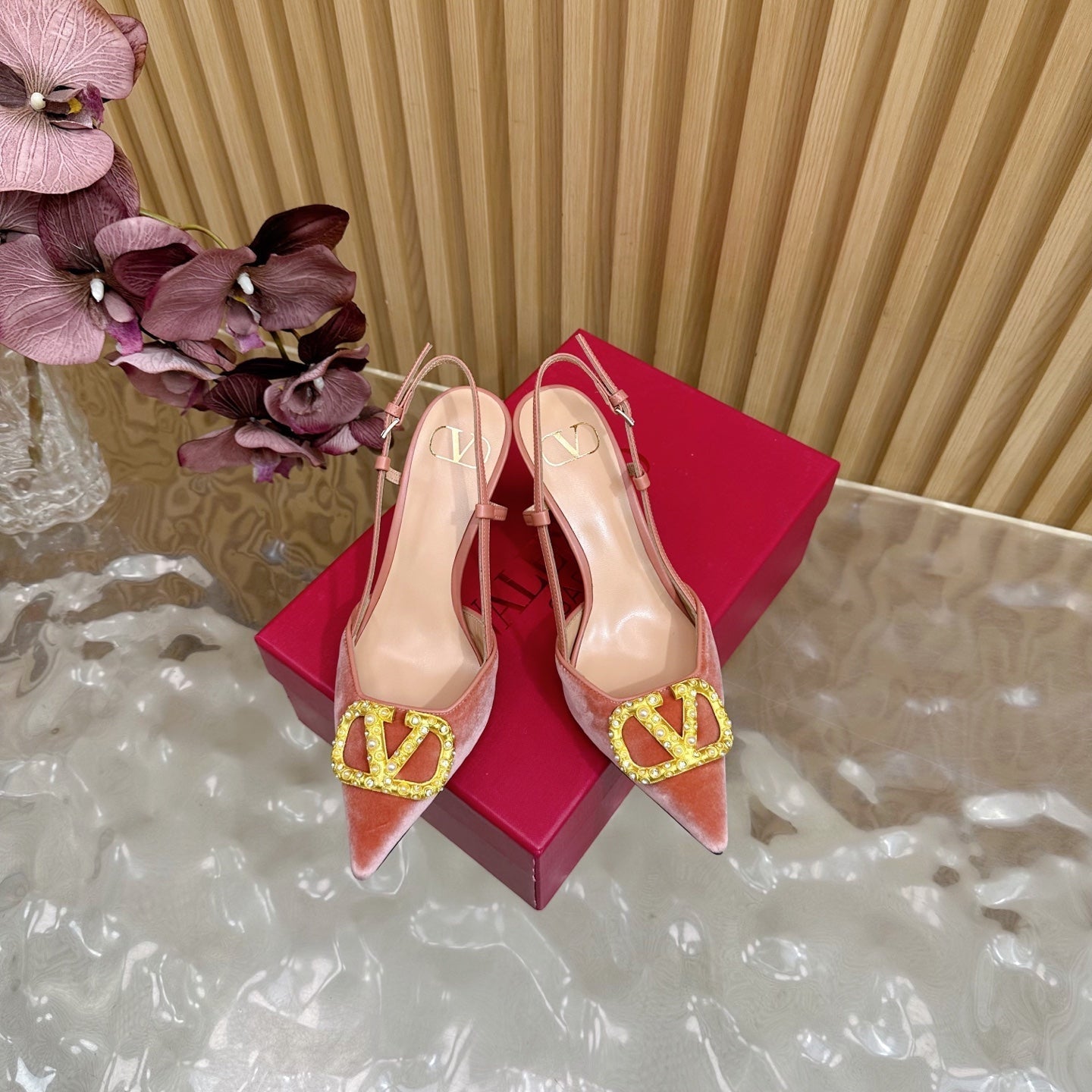 VALENTINO 25S HIGH-HEEL SLINGBACKS IN ORANGE VELVET WITH GOLD HARDWARE