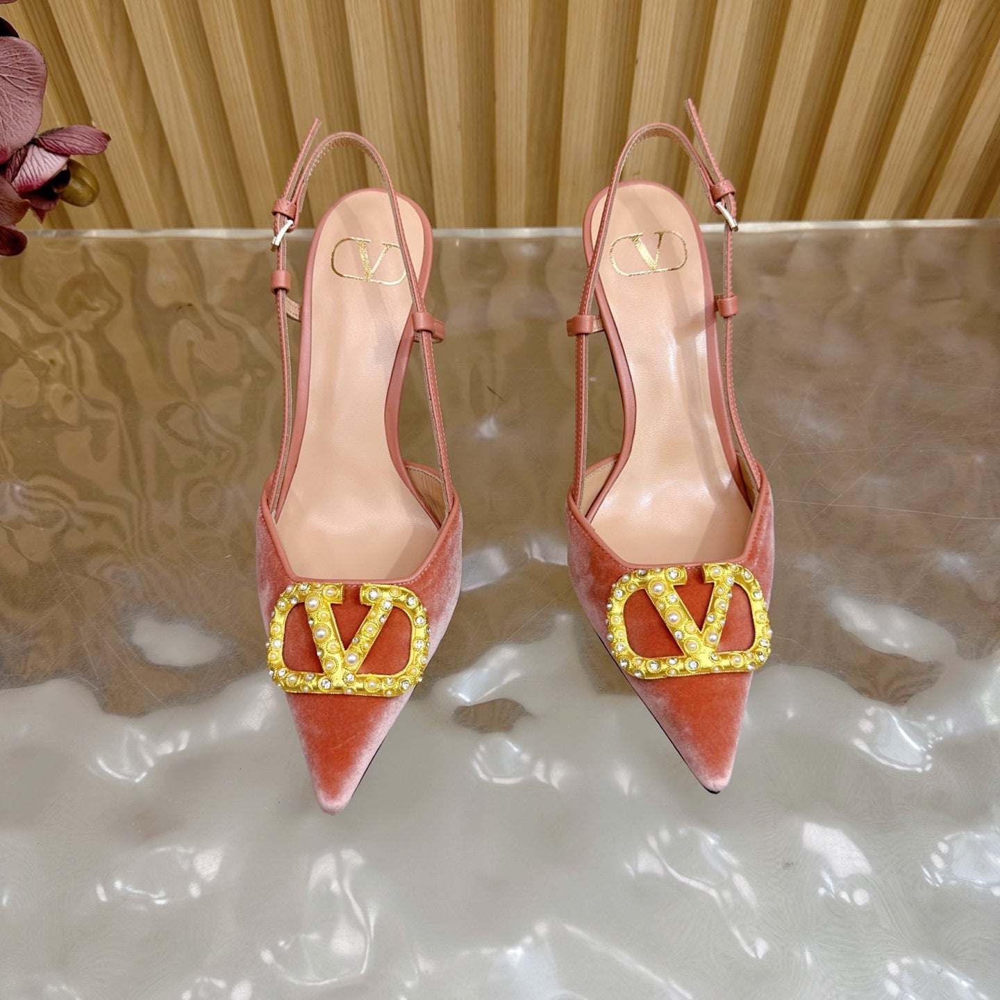 VALENTINO 25S HIGH-HEEL SLINGBACKS IN ORANGE VELVET WITH GOLD HARDWARE