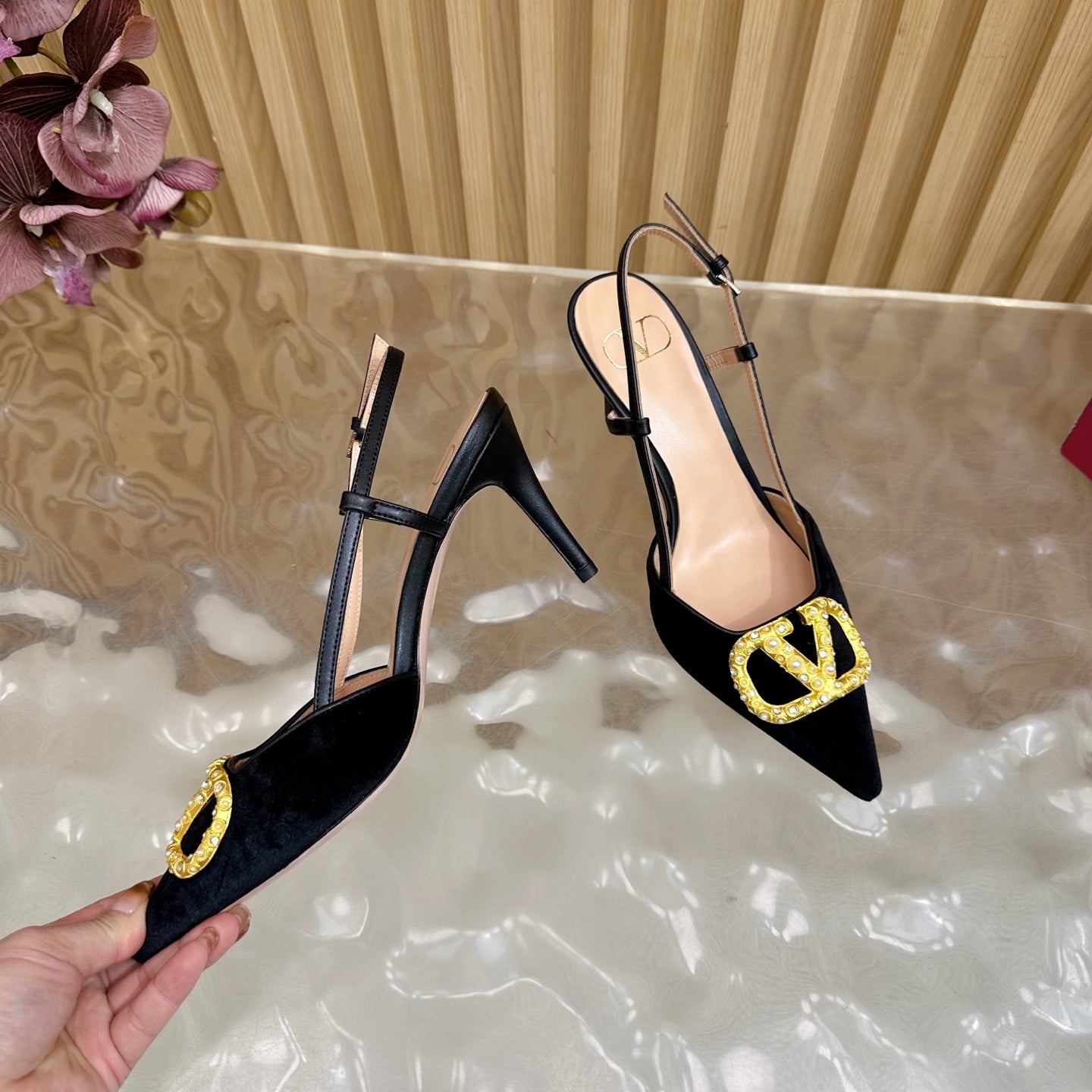 VALENTINO 25S HIGH-HEEL SLINGBACKS IN BLACK VELVET WITH GOLD HARDWARE