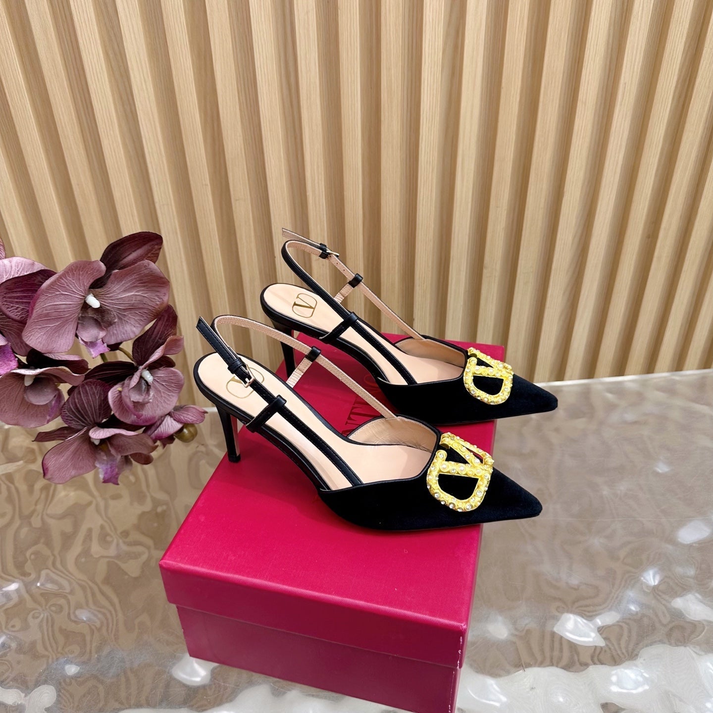 VALENTINO 25S HIGH-HEEL SLINGBACKS IN BLACK VELVET WITH GOLD HARDWARE