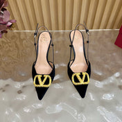 VALENTINO 25S HIGH-HEEL SLINGBACKS IN BLACK VELVET WITH GOLD HARDWARE