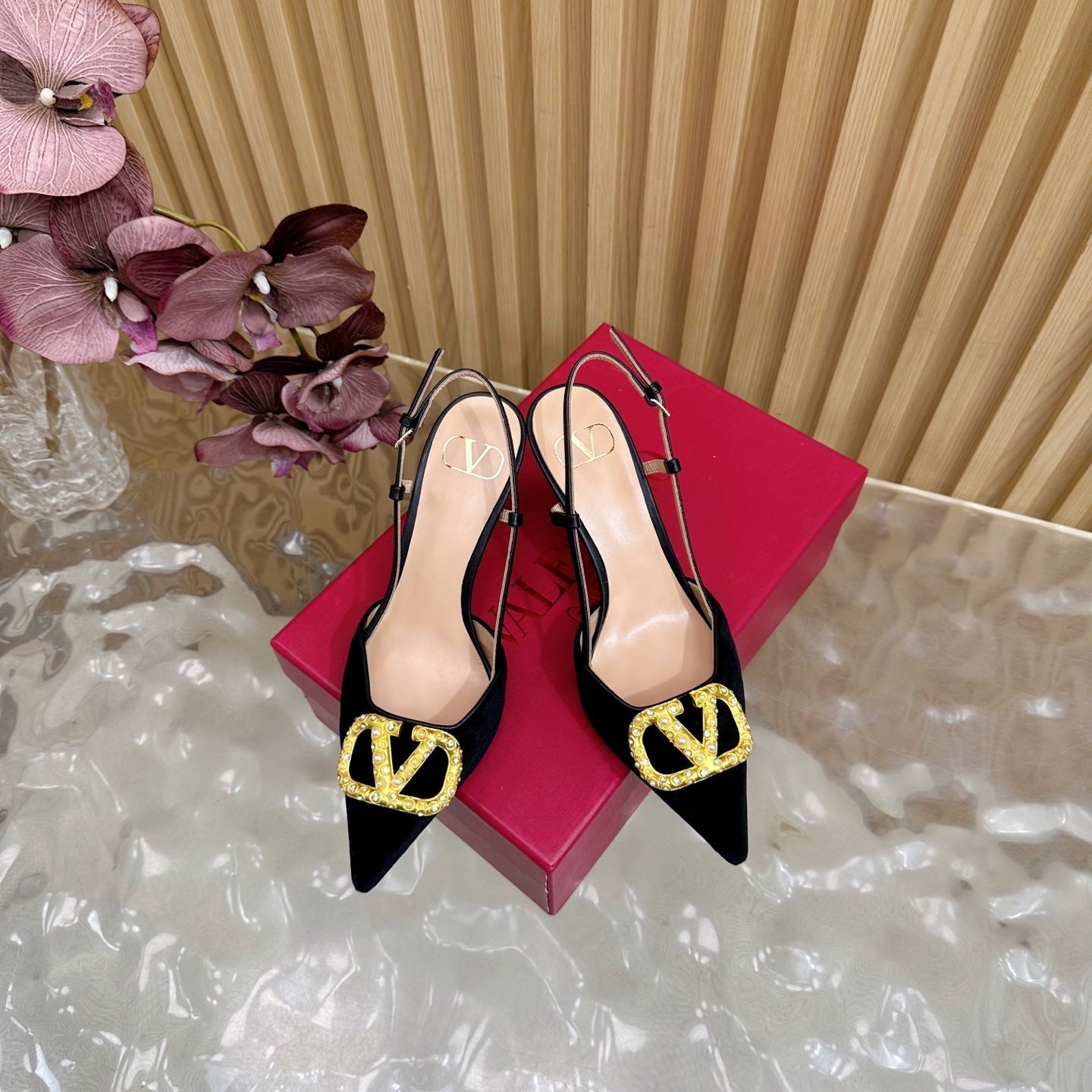 VALENTINO 25S HIGH-HEEL SLINGBACKS IN BLACK VELVET WITH GOLD HARDWARE