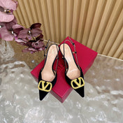 VALENTINO 25S HIGH-HEEL SLINGBACKS IN BLACK VELVET WITH GOLD HARDWARE