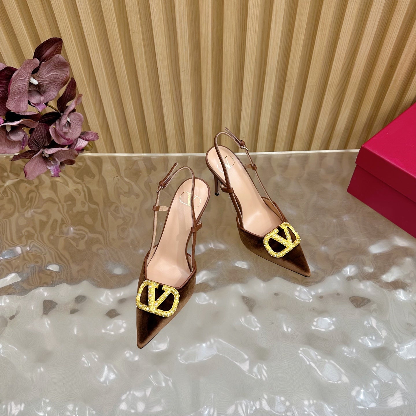VALENTINO 25S HIGH-HEEL SLINGBACKS IN DARK BROWN VELVET WITH GOLD HARDWARE