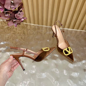 VALENTINO 25S HIGH-HEEL SLINGBACKS IN DARK BROWN VELVET WITH GOLD HARDWARE