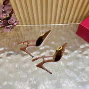 VALENTINO 25S HIGH-HEEL SLINGBACKS IN DARK BROWN VELVET WITH GOLD HARDWARE