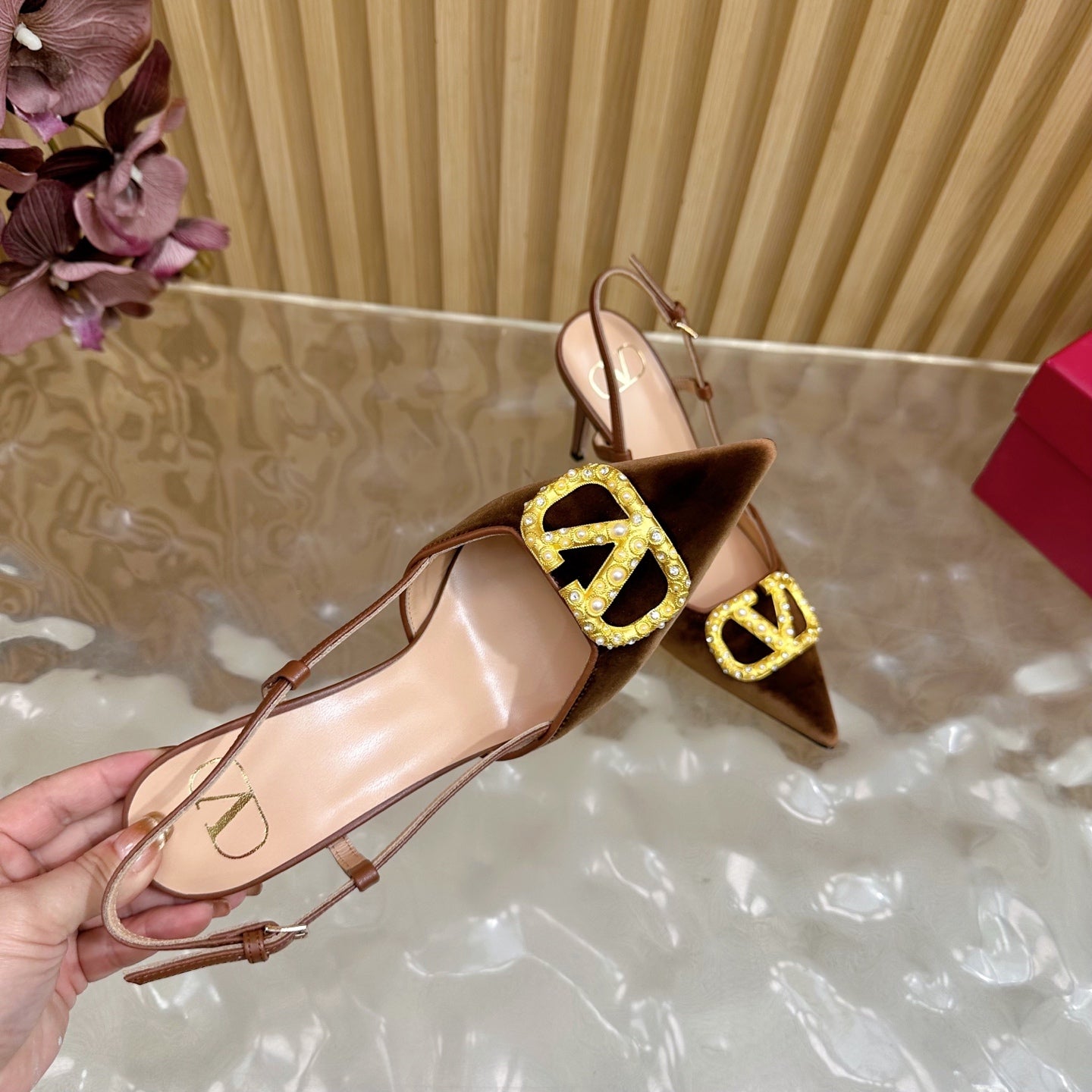 VALENTINO 25S HIGH-HEEL SLINGBACKS IN DARK BROWN VELVET WITH GOLD HARDWARE
