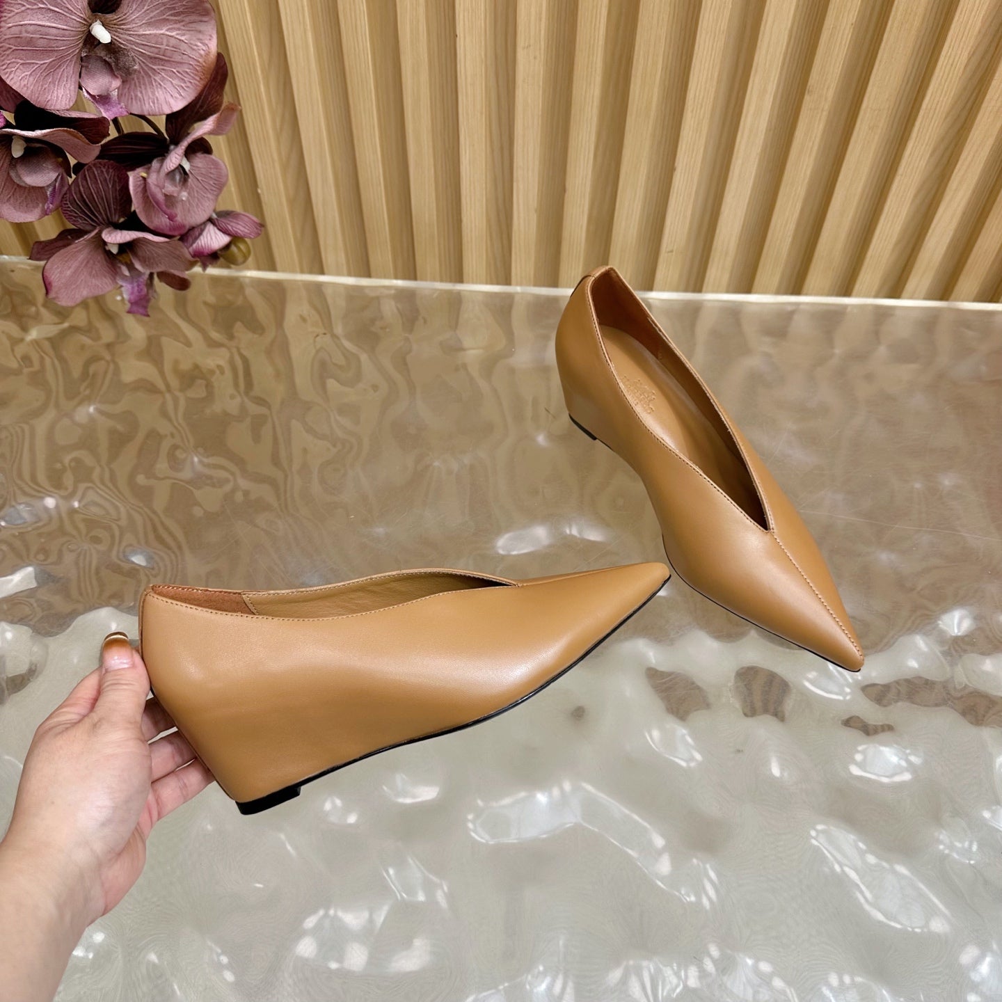 HM 25S HIGH-HEEL WEDGE SHOES 50 MM IN BROWN LAMBSKIN