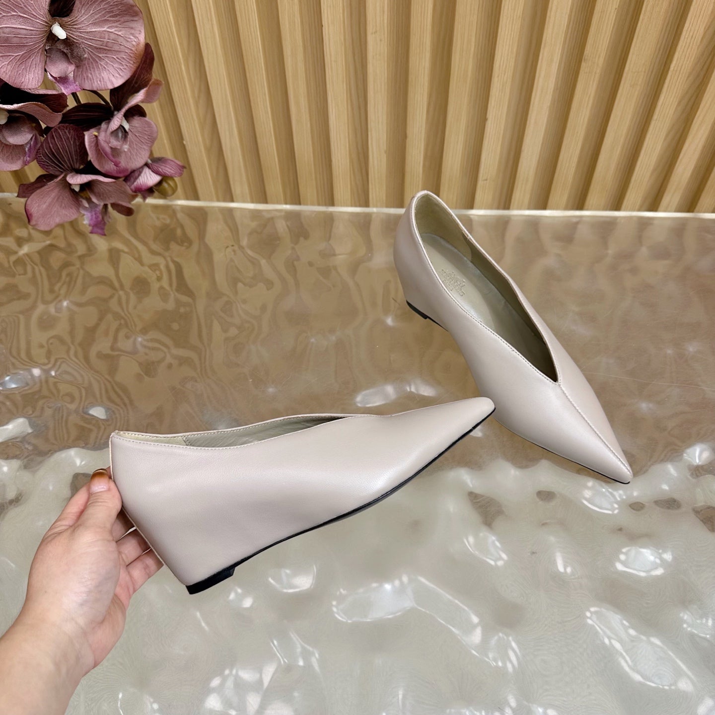 HM 25S HIGH-HEEL WEDGE SHOES 50 MM IN PALE PINK BEIGE LAMBSKIN