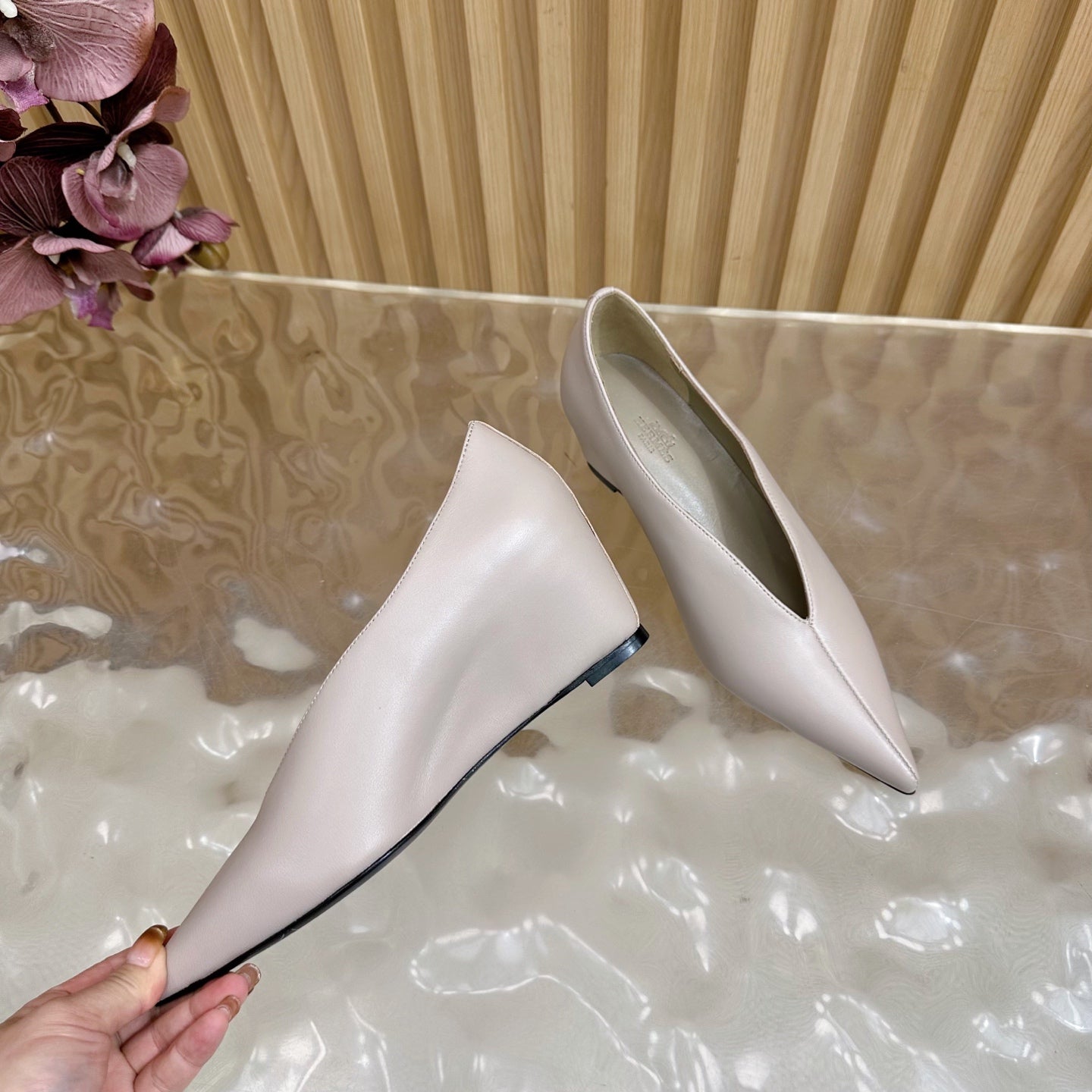 HM 25S HIGH-HEEL WEDGE SHOES 50 MM IN PALE PINK BEIGE LAMBSKIN