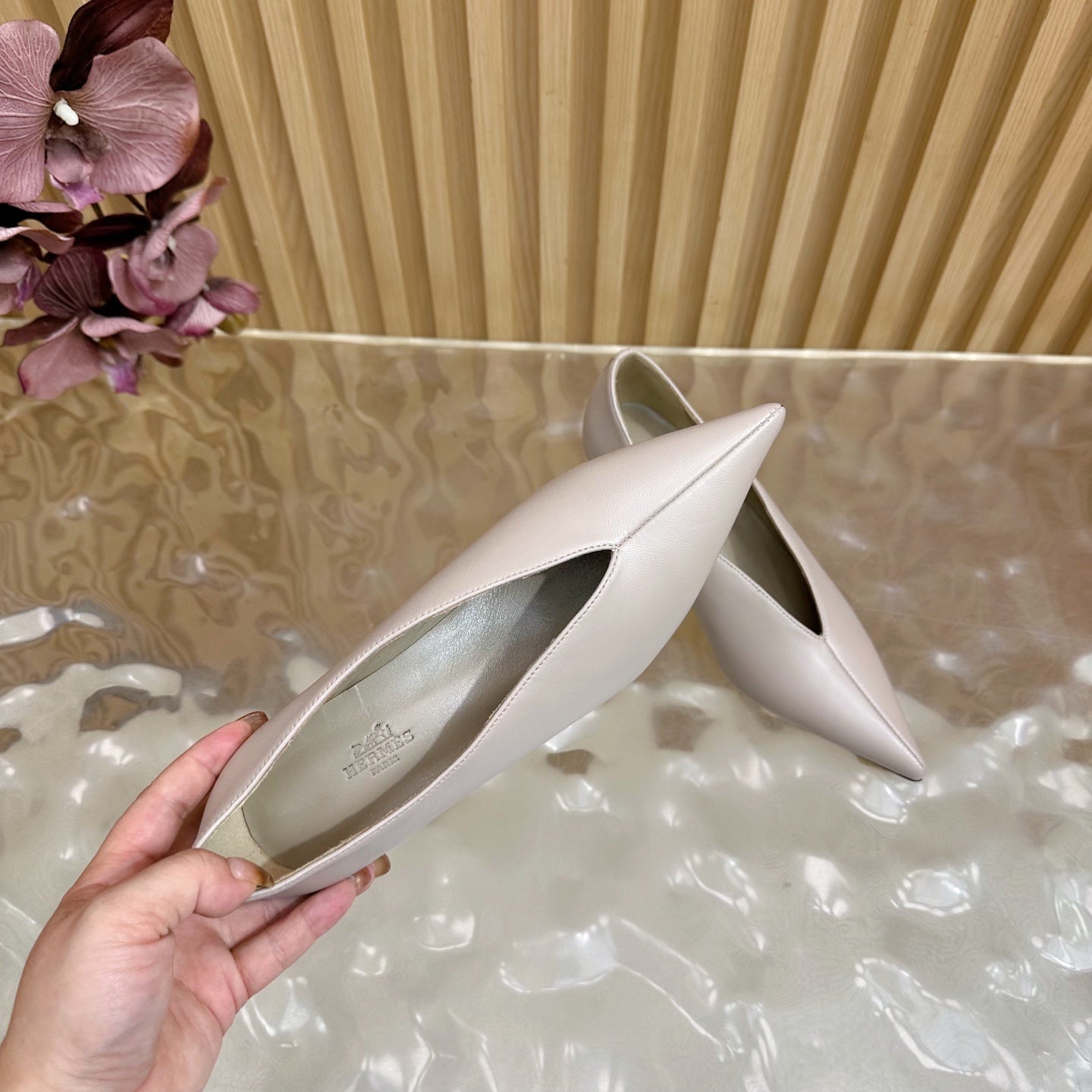 HM 25S HIGH-HEEL WEDGE SHOES 50 MM IN PALE PINK BEIGE LAMBSKIN