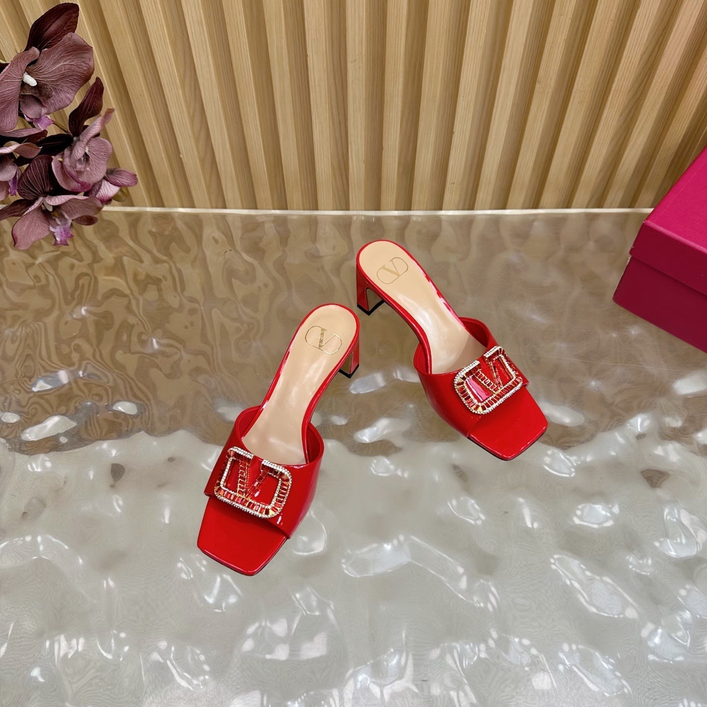 VALENTINO 25S HIGH-HEEL MULES 60 MM IN RED PATENT CALFSKIN WITH CRYSTAL-EMBELLISHED STRAP