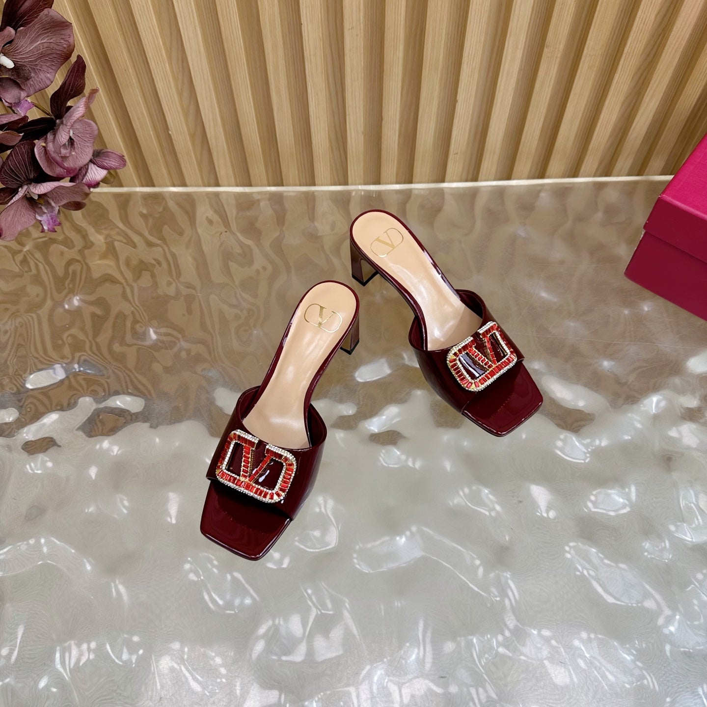 VALENTINO 25S HIGH-HEEL MULES 60 MM IN DARK RED PATENT CALFSKIN WITH CRYSTAL-EMBELLISHED STRAP