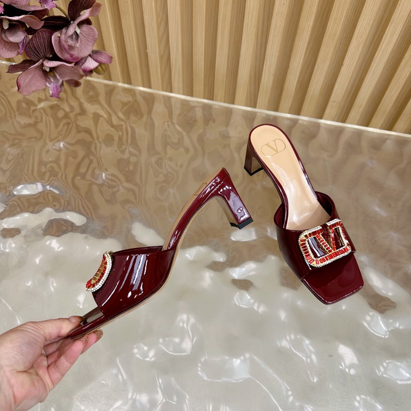 VALENTINO 25S HIGH-HEEL MULES 60 MM IN DARK RED PATENT CALFSKIN WITH CRYSTAL-EMBELLISHED STRAP