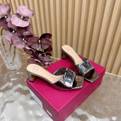 VALENTINO 25S HIGH-HEEL MULES 60 MM IN METALLIC SILVER PATENT CALFSKIN WITH CRYSTAL-EMBELLISHED STRAP