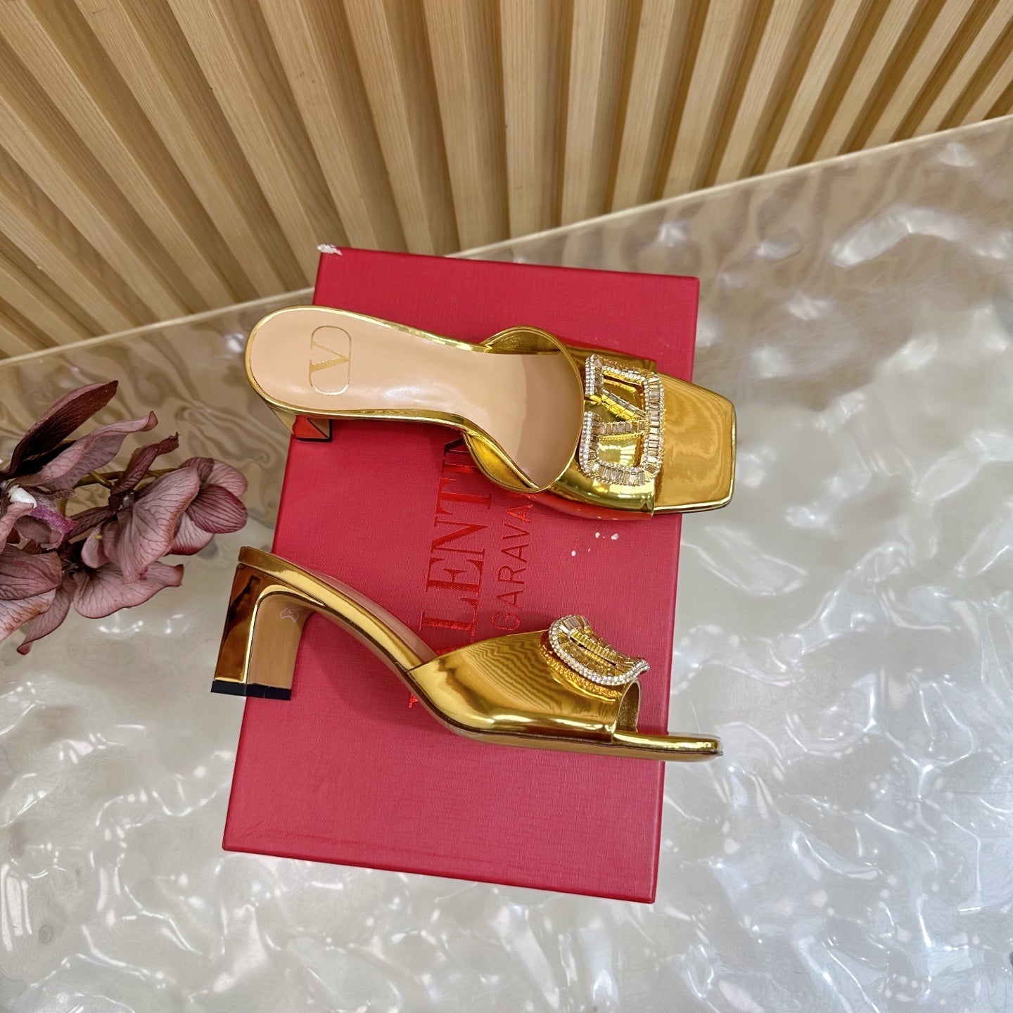 VALENTINO 25S HIGH-HEEL MULES 60 MM IN GOLD PATENT CALFSKIN WITH CRYSTAL-EMBELLISHED STRAP