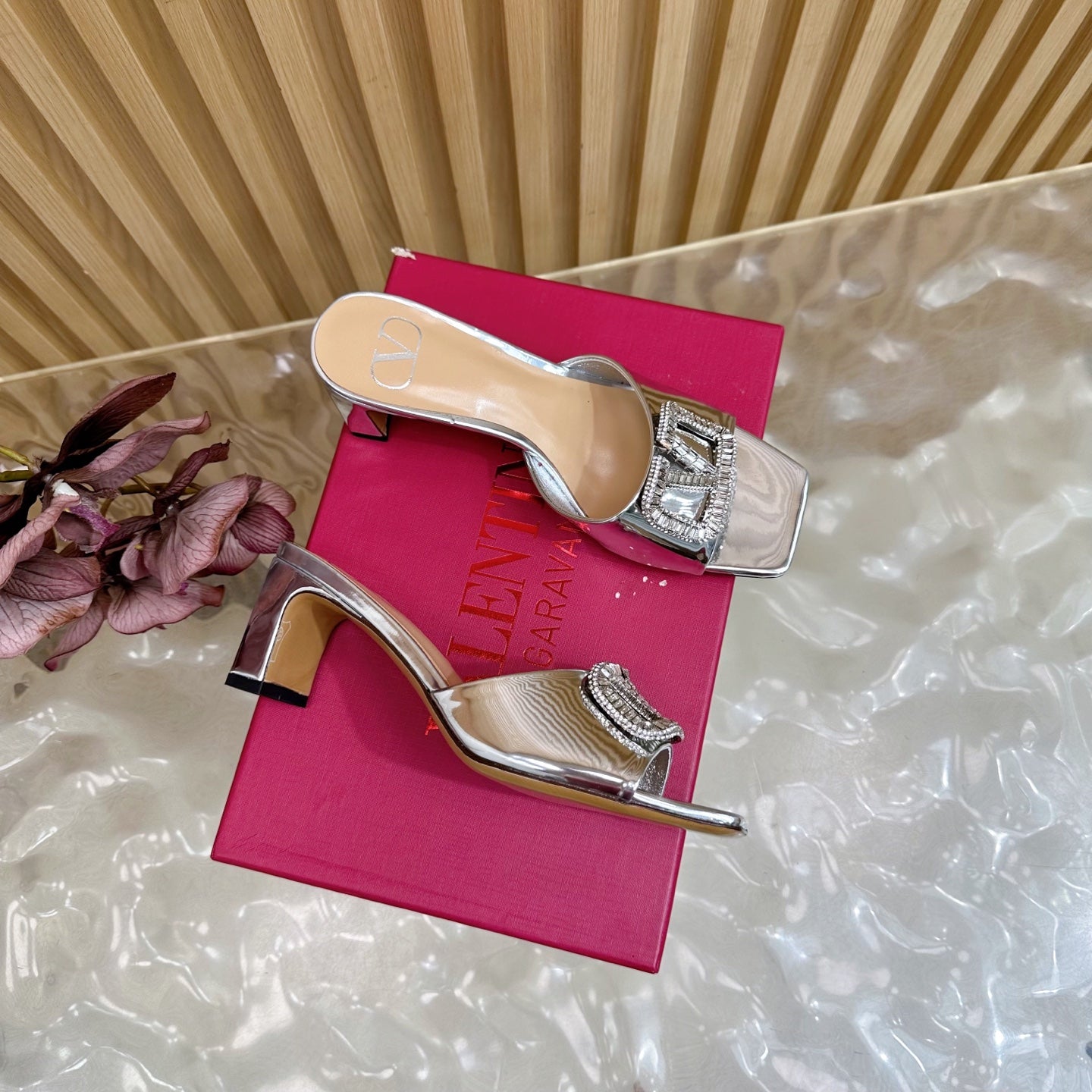 VALENTINO 25S HIGH-HEEL MULES 60 MM IN SILVER PATENT CALFSKIN WITH CRYSTAL-EMBELLISHED STRAP