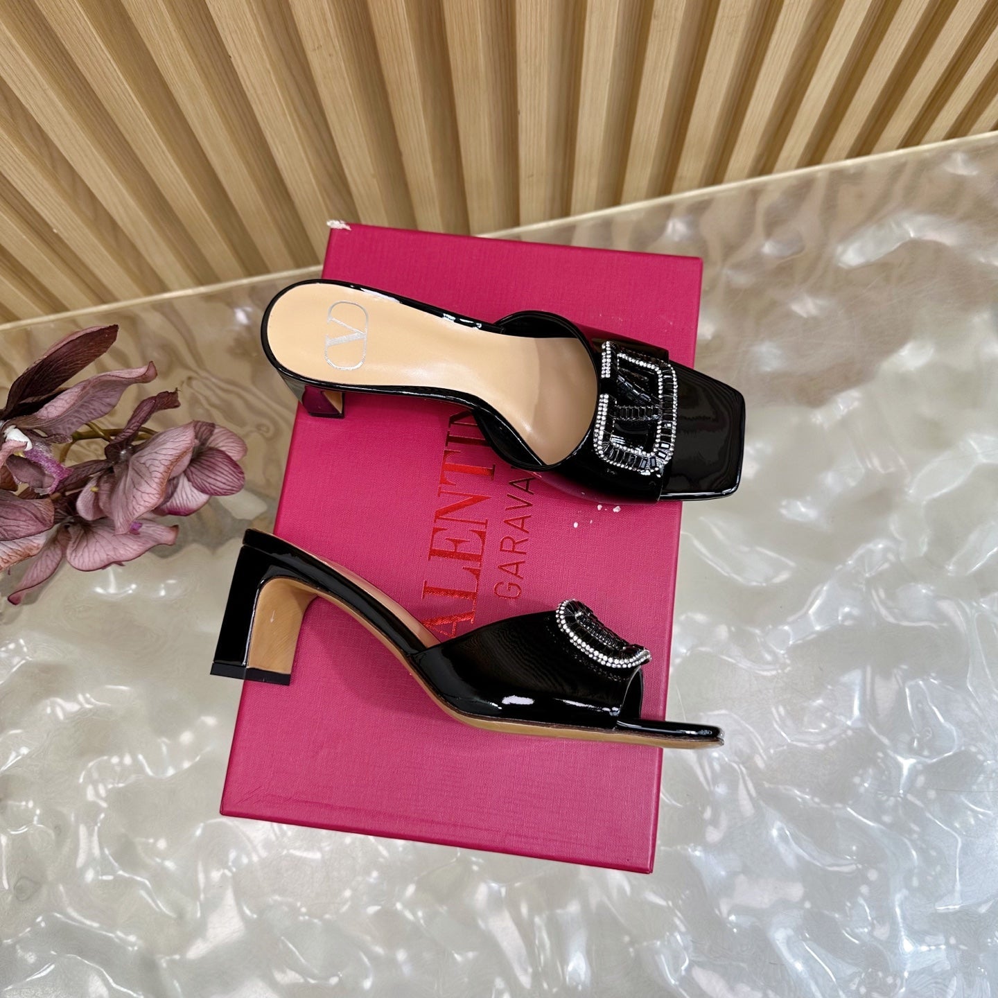 VALENTINO 25S HIGH-HEEL MULES 60 MM IN BLACK PATENT CALFSKIN WITH CRYSTAL-EMBELLISHED STRAP