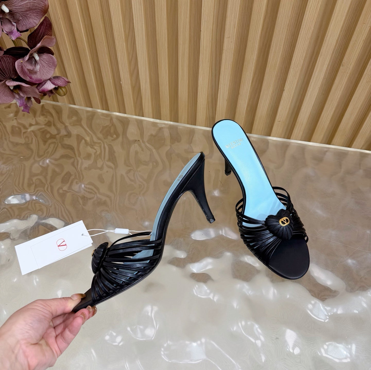 VALENTINO 25S HIGH HEELS WITH THIN STRAPS 80 MM IN BLACK LAMBSKIN