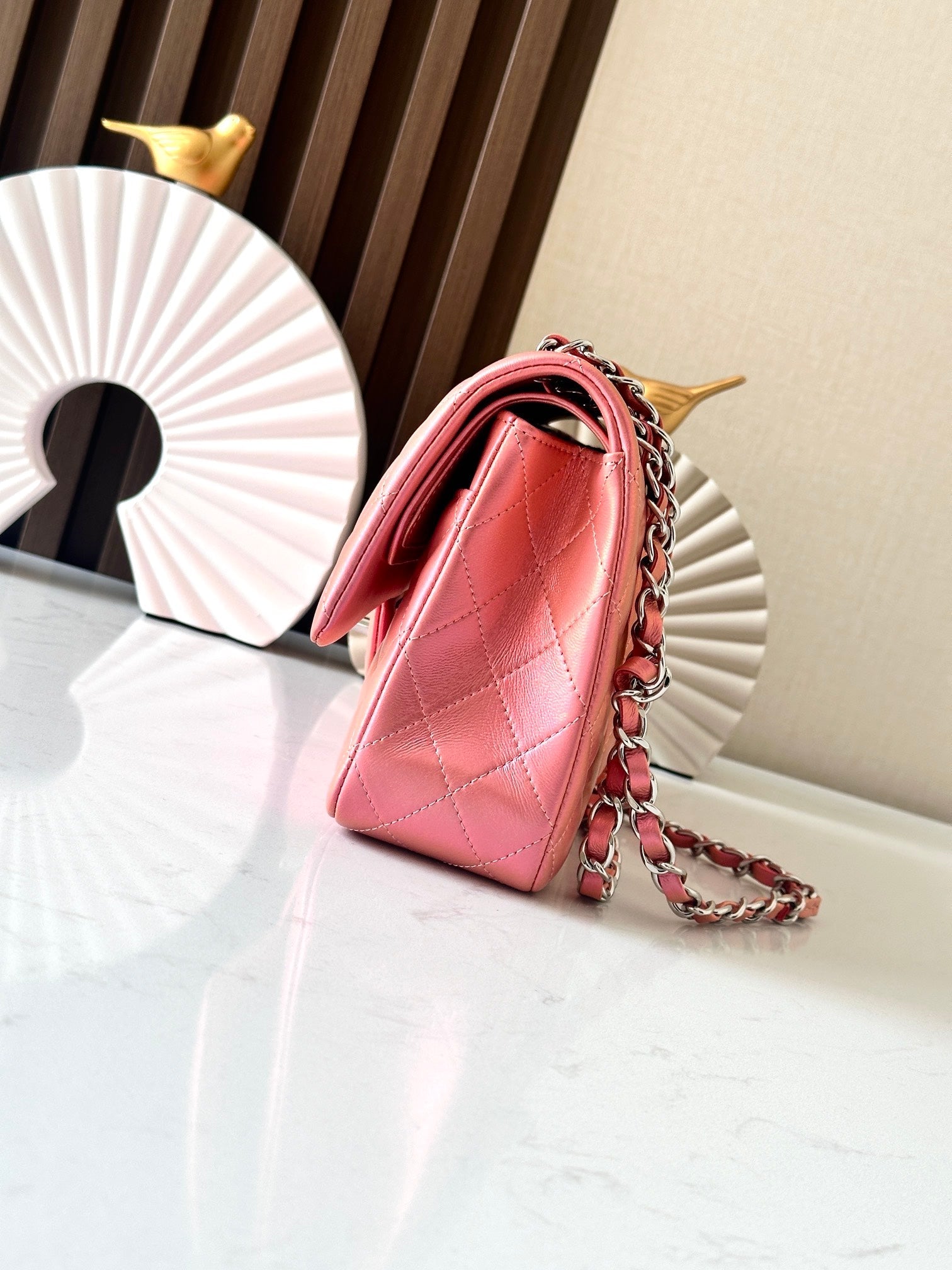 CHANEL 25S CLASSIC FLAP BAG 26 IN PEARL PINK LAMBSKIN WITH SILVER HARDWARE