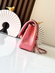 CHANEL 25S CLASSIC FLAP BAG 26 IN PEARL PINK LAMBSKIN WITH SILVER HARDWARE