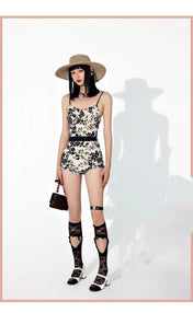 CC BIKINI SWIMSUIT SET IN IVORY WITH BLACK VELVET FLORAL EMBROIDERY 581303