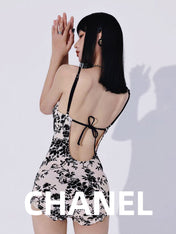 CC BIKINI SWIMSUIT SET IN IVORY WITH BLACK VELVET FLORAL EMBROIDERY 581303