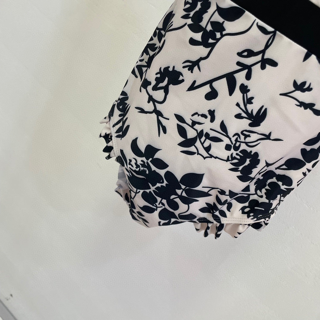 CC BIKINI SWIMSUIT SET IN IVORY WITH BLACK VELVET FLORAL EMBROIDERY 581303