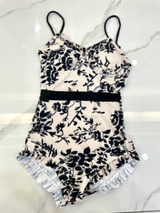 CC BIKINI SWIMSUIT SET IN IVORY WITH BLACK VELVET FLORAL EMBROIDERY 581303