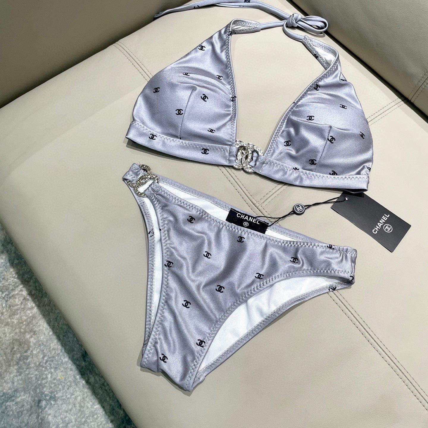 CC BIKINI SWIMSUIT SET IN GREY AND BLACK LOGO 599155