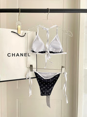 CC BIKINI SWIMSUIT SET IN BLACK AND WHITE TRIM WHITE LOGO PRINTED 608921