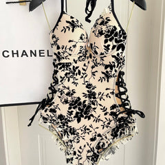 CC BIKINI SWIMSUIT SET IN IVORY MESH WITH BLACK VELVET FLORAL EMBROIDERY 622181
