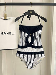 CC BIKINI SWIMSUIT SET IN WHITE WITH BLACK VERTICAL STRIPES 633258