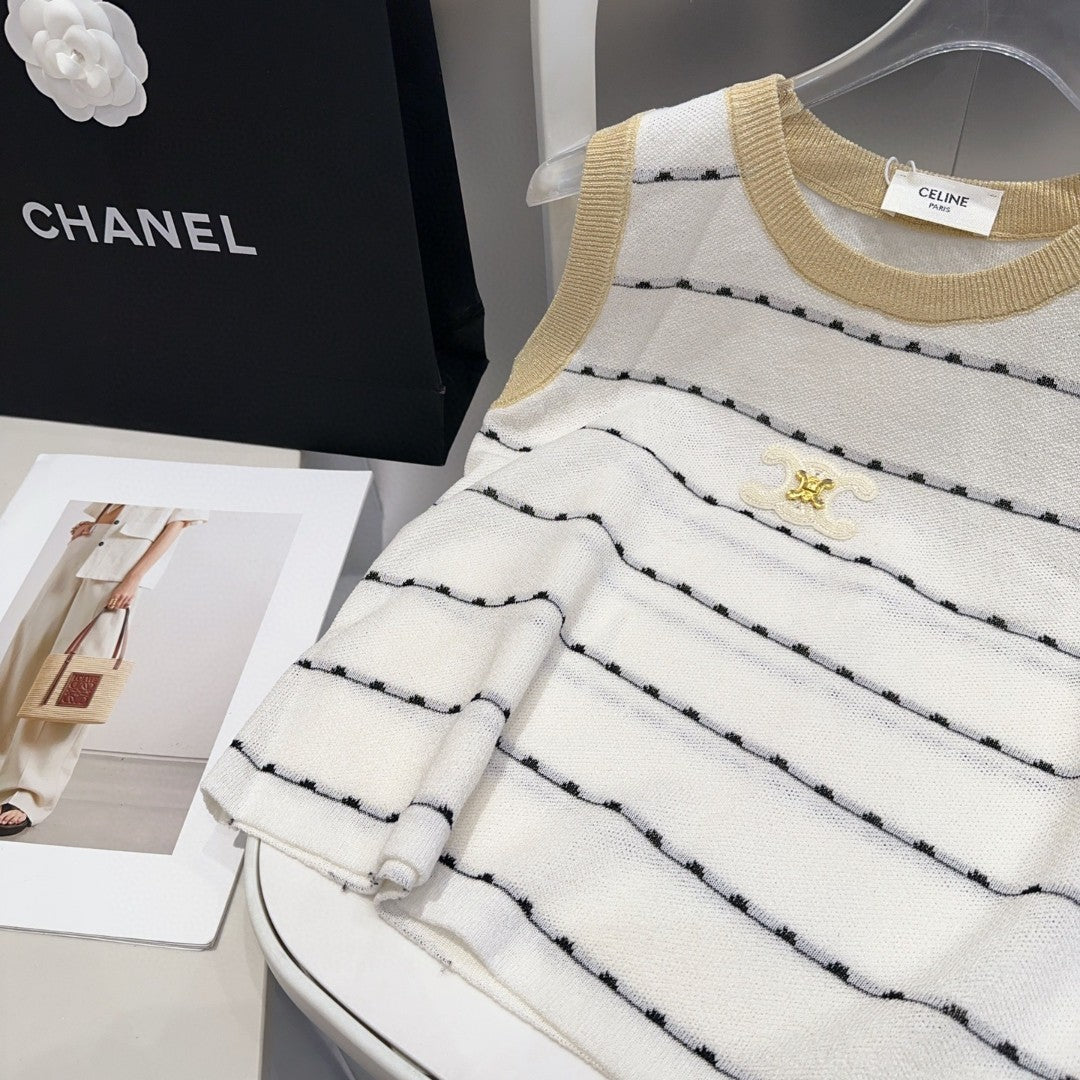 STRIPED TANK TOP 615178 IN WHITE COTTON RIBBED BEIGE TRIM